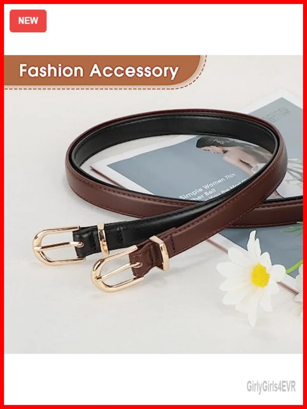 2 Pack Women's Skinny Faux Leather Belt with Gold/Silver Buckle, Adjustable